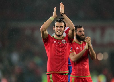 120615 - Wales v Belgium - UEFA European Qualifier - Gareth Bale of Wales celebrates at full time