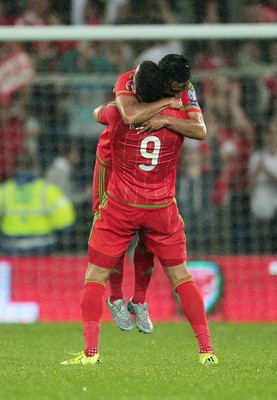 120615 - Wales v Belgium - UEFA European Qualifier - Hal Robson-Kanu celebrates with Neil Taylor of Wales