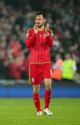 120615 - Wales v Belgium - UEFA European Qualifier - Aaron Ramsey of Wales thanks the fans