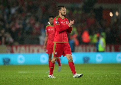 120615 - Wales v Belgium - UEFA European Qualifier - Aaron Ramsey of Wales thanks the fans
