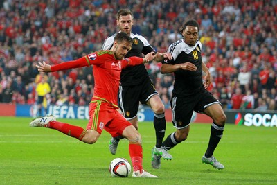 120615 - Wales v Belgium - UEFA European Qualifier - Aaron Ramsey of Wales shoots at goal