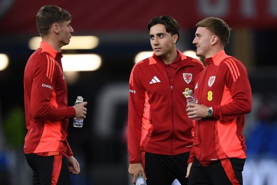 131025 - Wales v Belgium - 2026 FIFA World Cup Qualifying - Mark Harris, Joel Colwill and Issak Davies of Wales arrive and inspect the pitch ahead of the match