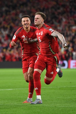 131025 - Wales v Belgium - 2026 FIFA World Cup Qualifying - Joe Rodon of Wales celebrates scoring a goal
