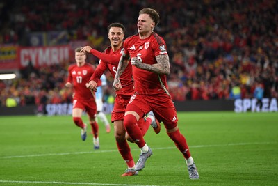 131025 - Wales v Belgium - 2026 FIFA World Cup Qualifying - Joe Rodon of Wales celebrates scoring a goal