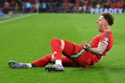 131025 - Wales v Belgium - 2026 FIFA World Cup Qualifying - Joe Rodon of Wales celebrates scoring a goal