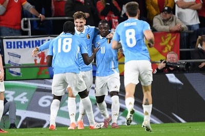 131025 - Wales v Belgium - 2026 FIFA World Cup Qualifying - Thomas Meunier of Belgium celebrates scoring a goal to take the lead
