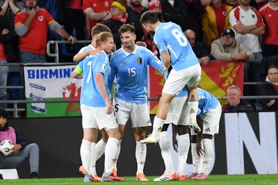 131025 - Wales v Belgium - 2026 FIFA World Cup Qualifying - Thomas Meunier of Belgium celebrates scoring a goal to take the lead