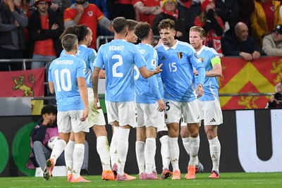 131025 - Wales v Belgium - 2026 FIFA World Cup Qualifying - Thomas Meunier of Belgium celebrates scoring a goal to take the lead