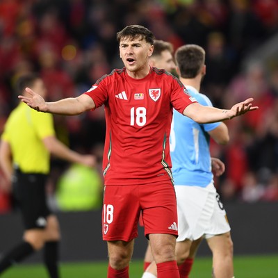 131025 - Wales v Belgium - 2026 FIFA World Cup Qualifying - Mark Harris of Wales appeals to the referee