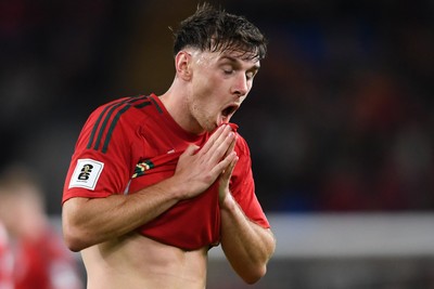 131025 - Wales v Belgium - 2026 FIFA World Cup Qualifying - Dejected Mark Harris of Wales