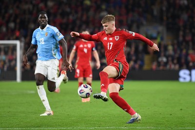 131025 - Wales v Belgium - 2026 FIFA World Cup Qualifying - Jordan James of Wales