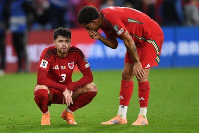 131025 - Wales v Belgium - 2026 FIFA World Cup Qualifying - Dejected Neco Williams of Wales