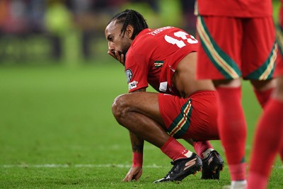 131025 - Wales v Belgium - 2026 FIFA World Cup Qualifying - Dejected Sorba Thomas of Wales