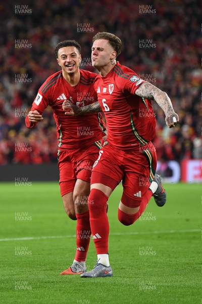 131025 - Wales v Belgium - 2026 FIFA World Cup Qualifying - Joe Rodon of Wales celebrates scoring a goal