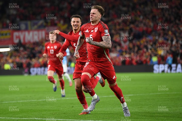 131025 - Wales v Belgium - 2026 FIFA World Cup Qualifying - Joe Rodon of Wales celebrates scoring a goal