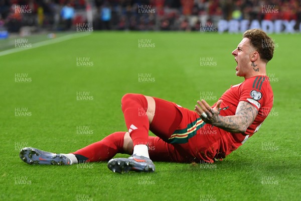 131025 - Wales v Belgium - 2026 FIFA World Cup Qualifying - Joe Rodon of Wales celebrates scoring a goal