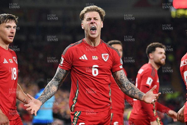 131025 - Wales v Belgium - 2026 FIFA World Cup Qualifying - Joe Rodon of Wales celebrates scoring a goal