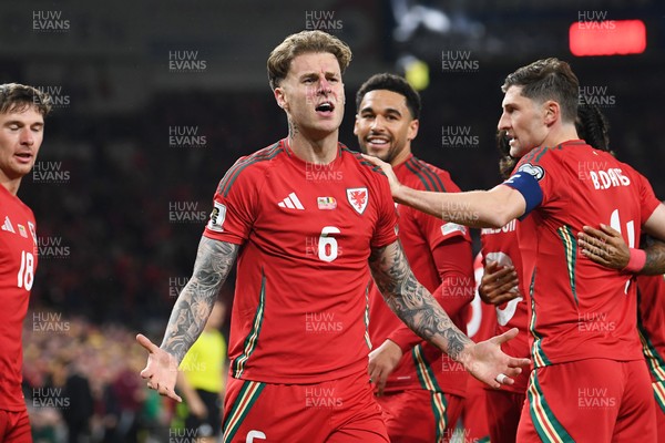 131025 - Wales v Belgium - 2026 FIFA World Cup Qualifying - Joe Rodon of Wales celebrates scoring a goal