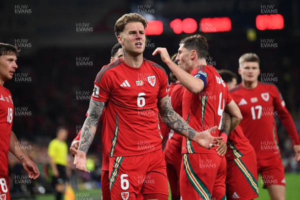 131025 - Wales v Belgium - 2026 FIFA World Cup Qualifying - Joe Rodon of Wales celebrates scoring a goal