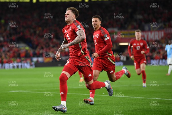 131025 - Wales v Belgium - 2026 FIFA World Cup Qualifying - Joe Rodon of Wales celebrates scoring a goal