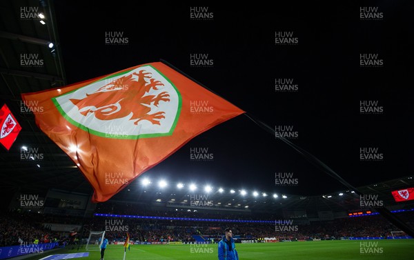 161121 - Wales v Belgium, 2022 World Cup Qualifier - A Wales flag is waved as the players come out for the start of the match