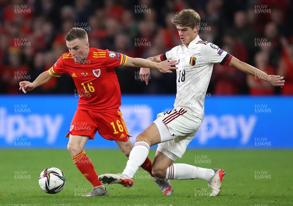 161121 - Wales v Belgium, 2022 World Cup Qualifier -  Joe Morrell of Wales is tackled by Charles De Ketelaere of Belgium