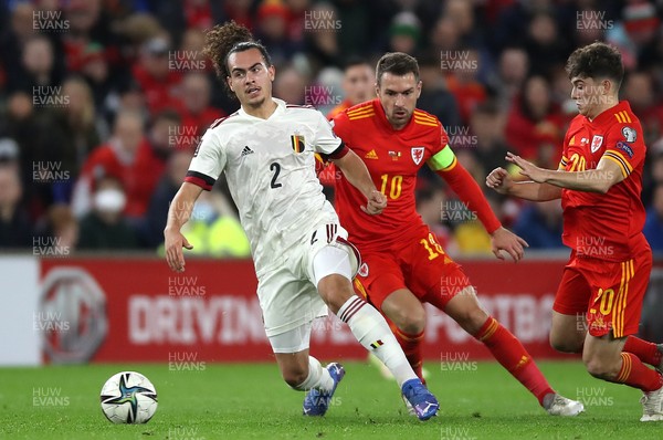 161121 - Wales v Belgium, 2022 World Cup Qualifier -  Arthur Theate of Belgium is challenged by Aaron Ramsey of Wales