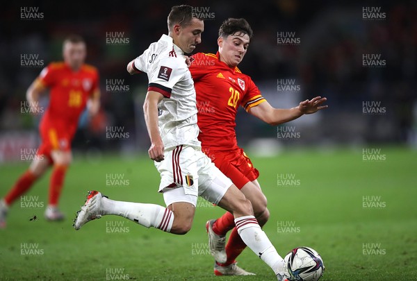 161121 - Wales v Belgium, 2022 World Cup Qualifier -  Timothy Castagne of Belgium is challenged by Daniel James of Wales
