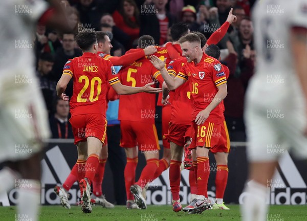161121 - Wales v Belgium, 2022 World Cup Qualifier -  Daniel James and Joe Morrell of Wales celebrate Kieffer Moore goal