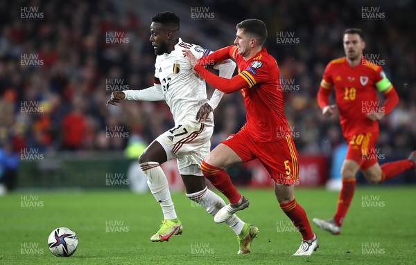 161121 - Wales v Belgium, 2022 World Cup Qualifier -  Divock Origi of Belgium is tackled by Chris Mepham of Wales