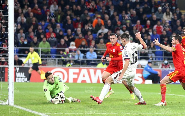 161121 - Wales v Belgium, 2022 World Cup Qualifier -  Wales goalkeeper Daniel Ward saves as Dante Vanzeir of Belgium closes in