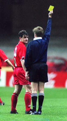 290397 - Wales v Belgium - FIFA World Cup Qualifier -  Mark Hughes receives a yellow card