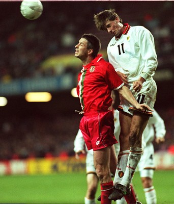 290397 - Wales v Belgium - FIFA World Cup Qualifier -  Kit Symons of Wales is beaten by Nico Van Kersvhoven