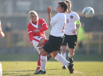 17.02.08.. Wales v Belgium, UEFA Women's Championship 2009.Jenner Park, Barry Wales' Jessica Fishlock plays the ball past Nikki De Cock 