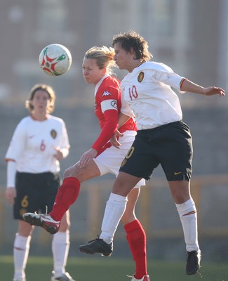 17.02.08.. Wales v Belgium, UEFA Women's Championship 2009.Jenner Park, Barry Wales' Jayne Ludlow and  Belgiums Nikki De Cock contest the ball 