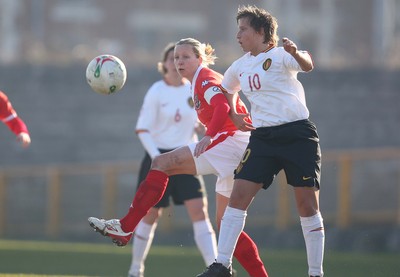 17.02.08.. Wales v Belgium, UEFA Women's Championship 2009.Jenner Park, Barry Wales' Jayne Ludlow and  Belgiums Nikki De Cock contest the ball 