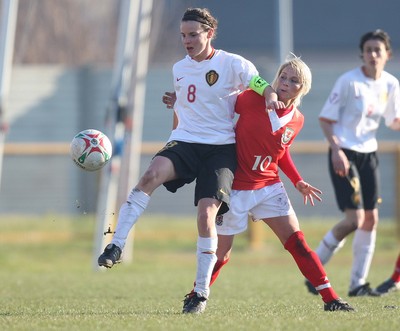 17.02.08.. Wales v Belgium, UEFA Women's Championship 2009.Jenner Park, Barry Belgium's Femke Maes is put under pressure by Wales' Jessica Fishlock 