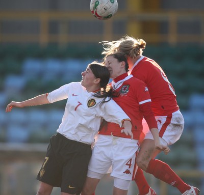 17.02.08.. Wales v Belgium, UEFA Women's Championship 2009.Jenner Park, Barry Wales' Jayne Ludlow and Nicola Cousins shut out Belgium's Audrey Demoustier as the go for the ball 