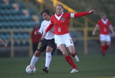 17.02.08.. Wales v Belgium, UEFA Women's Championship 2009.Jenner Park, Barry Wales' Jayne Ludlow takes on Nikki De Cock 