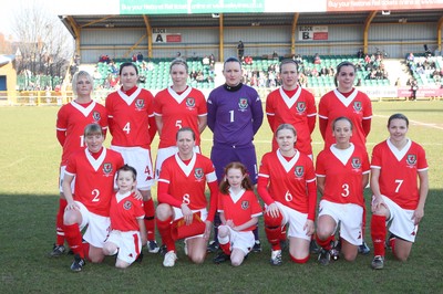 17.02.08.. Wales v Belgium, UEFA Women's Championship 2009.Jenner Park, Barry The Wales Women's football team - back row, left to right, Jessica Fishlock, Nicola Cousins, Emma Jones, Nicola Davies, Cheryl Foster and Gwennan Harries Front row, Kathryn Morgan, Jayne Ludlow, Michelle Green Natalie Holt, Loren Dykes 