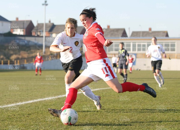 17.02.08.. Wales v Belgium, UEFA Women's Championship 2009.Jenner Park, Barry Wales' Gwennan Harries goes past Belgium's Maud Coutereels 