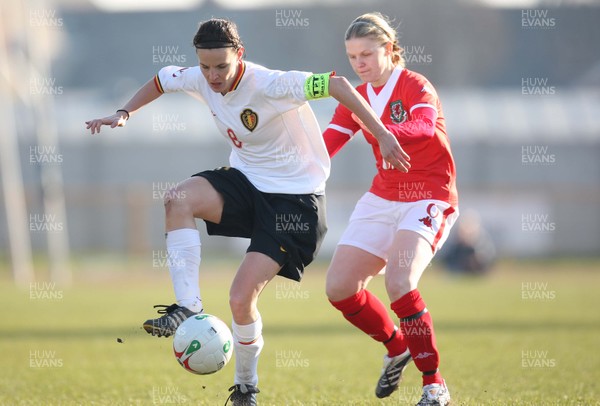 17.02.08.. Wales v Belgium, UEFA Women's Championship 2009.Jenner Park, Barry Wales' Michelle Green puts Belgium's Femke Maes under pressure 