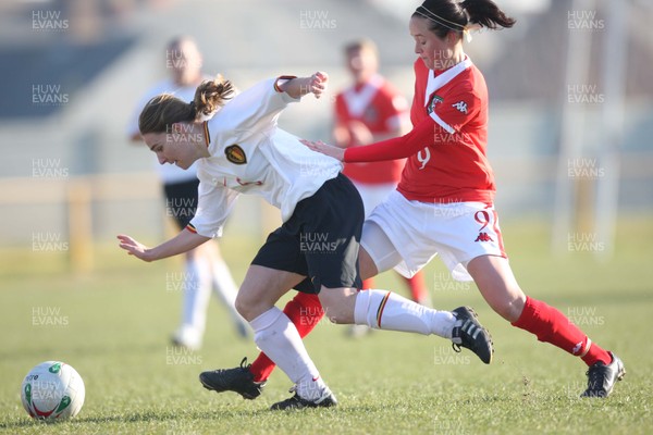 17.02.08.. Wales v Belgium, UEFA Women's Championship 2009.Jenner Park, Barry Wales'  Cheryl Foster challenges Hanne Vandegoor 