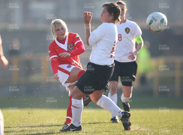 17.02.08.. Wales v Belgium, UEFA Women's Championship 2009.Jenner Park, Barry Wales' Jessica Fishlock plays the ball past Nikki De Cock 