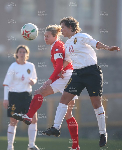 17.02.08.. Wales v Belgium, UEFA Women's Championship 2009.Jenner Park, Barry Wales' Jayne Ludlow and  Belgiums Nikki De Cock contest the ball 