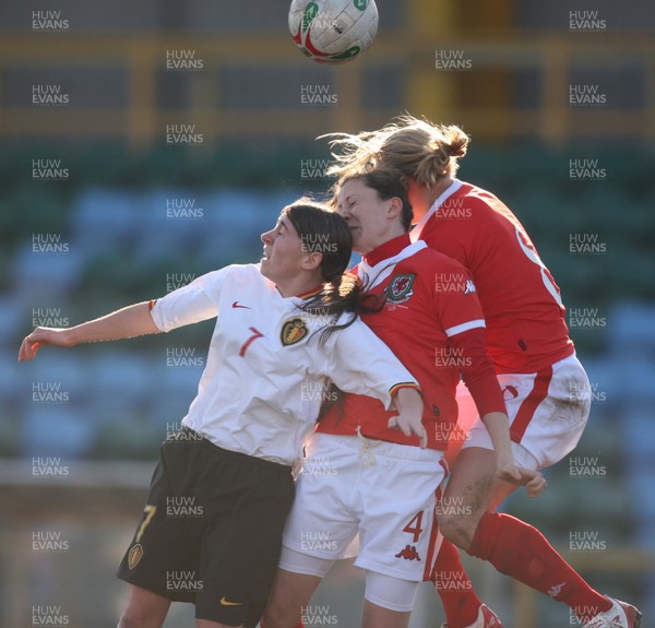 17.02.08.. Wales v Belgium, UEFA Women's Championship 2009.Jenner Park, Barry Wales' Jayne Ludlow and Nicola Cousins shut out Belgium's Audrey Demoustier as the go for the ball 