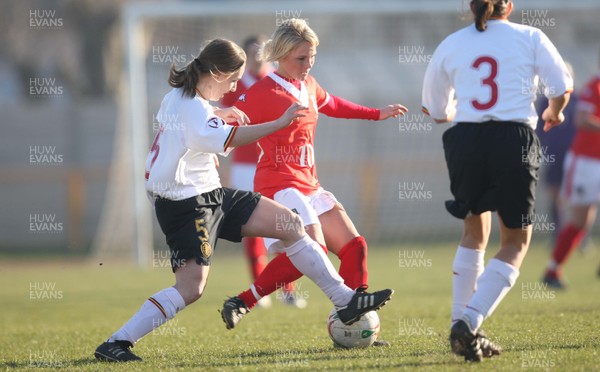 17.02.08.. Wales v Belgium, UEFA Women's Championship 2009.Jenner Park, Barry Wales' Jessica Fishlock tangles with Belgium's Hanne Vandegoor 