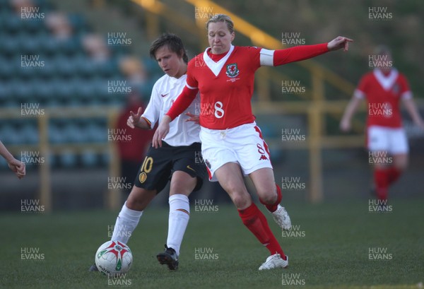 17.02.08.. Wales v Belgium, UEFA Women's Championship 2009.Jenner Park, Barry Wales' Jayne Ludlow takes on Nikki De Cock 