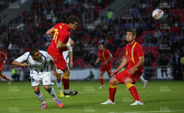 150812 - Wales v Bosnia Herzegovina, Vauxhall International Friendly - Wales' Gareth Bale heads at goal