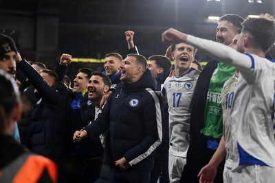 260326 - Wales v Bosnia-Herzegovina - 2026 FIFA World Cup Qualifying - Play-off Semi-final - Bosnia players celebrate with fans at full time